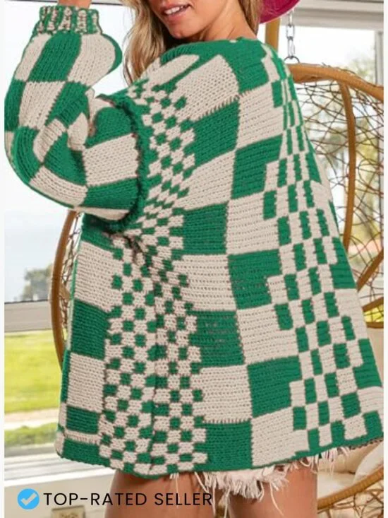 Vintage Checkered Cardigan Chunky Knit Oversized Boyfriend Style Open Front - Picture 3 of 6